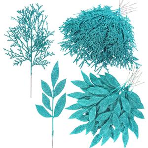 Winlyn 30 Pcs Christmas Teal Blue Glittered Artificial Leaf Sprays Cedar Picks Christmas Tree Ornaments Winter Floral Stems for Teal Blue Christmas Tree Wreath Centerpiece Holiday Wedding Decorations