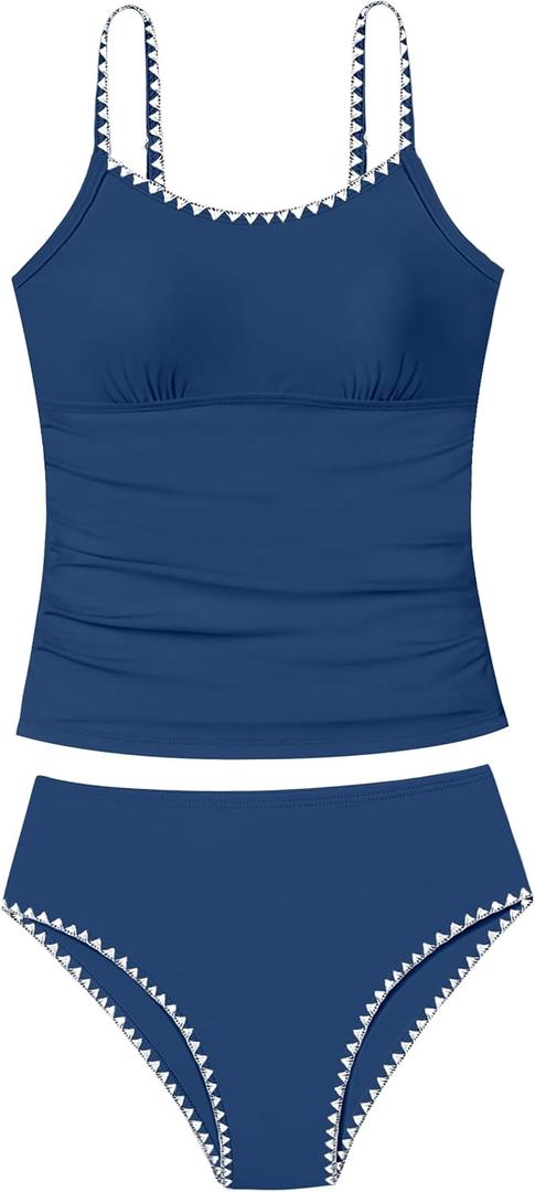 Girls Swimsuit Solid Color Tankini Contrast Trim Swimwear 2 Piece Bathing Suit Padded Swimsuits for Teens Blue, 9-10 Years