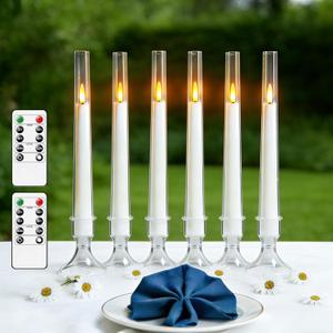White Flameless Window Candles, Battery Operated Taper Candles, 6 Pcs Christmas LED Candlesticks, Acrylic Christmas Flickering Candlelights with Remote Timer H9.45