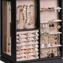 Frebeauty 360 Rotating Jewelry Box,PU Leather Jewelry Organizer with 6 Drawers,Large Jewelry Storage,Clear Window,Golden Handle,Vertical Jewelry Holder for Earrings Necklace,Gift for Women(Black)