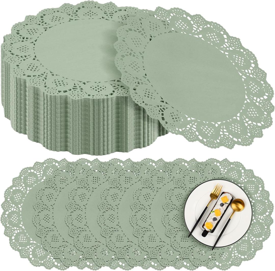 MCEAST 300 Pack Round Sage Green Paper Doilies 13.5 Inches Lace Paper Place Mats Rustic Scallop Doily Disposable Table Pads for Food Cakes Crafts Party Weddings Tableware Decor