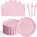 105PCS Paper Plates and Napkins Set, 7 Inch Scalloped Disposable Tableware with Forks for Birthdays, Garden Parties & Outdoor Events, Serves 35 (Light Pink)