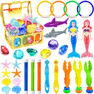 Rileryan 36 PCS Diving Pool Set Diving Rings and Sticks Pirate Treasure Chest Gems Mermaid Underwater Dive Swimming Pool with Storage Bag Summer Swim Water Sinking, Small to Medium