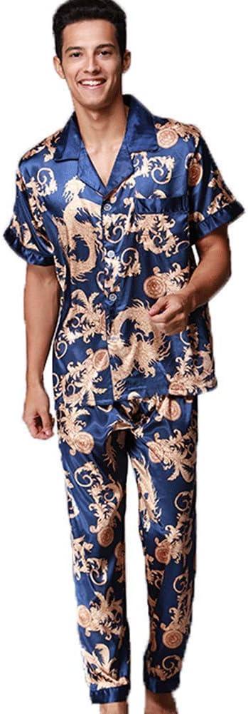 ZUEVI Men's Silk Satin Short Sleeve Pajamas Set Dragon Pattern Loungewear Button Down Pjs Set for Men (Blue Dragon-S)