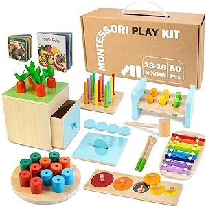 WOODMAM Wooden Montessori Toys for 1+ Year Old, 9 in 1 Learning Educational Toys for Toddler with Educational Box, Xylophone, Pound Bench, Shape Puzzle and More, Baby Toy Gift for 12-18 Months