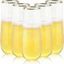 Hacaroa 48 Pack Plastic Stemless Champagne Flutes, 9 Oz Clear Toasting Glasses Highball Cups BPA-Free, Disposable Mimosa Glasses for Wine, Cocktail, Bar, Party, Wedding, Shatterproof, Gold Rim