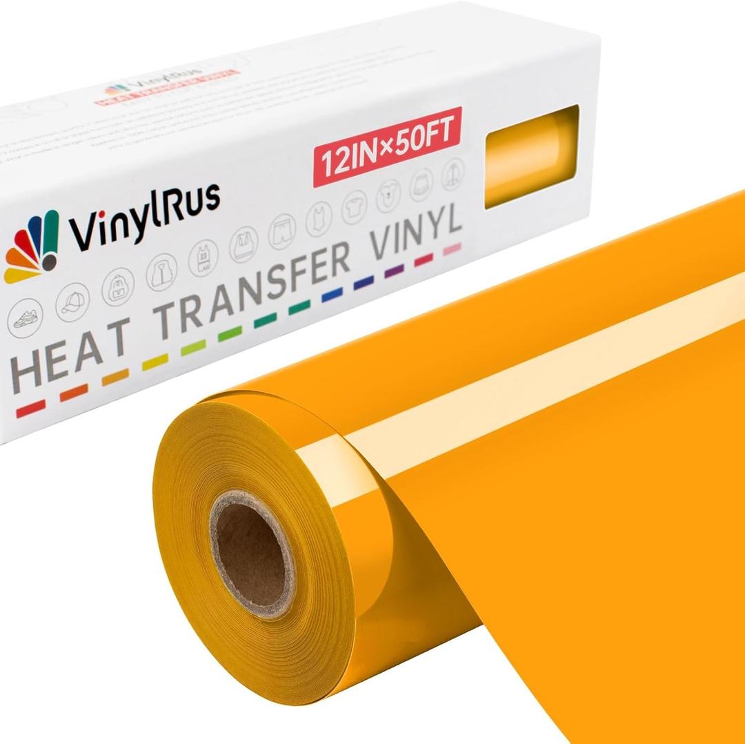 VinylRus Heat Transfer Vinyl-12 x 50ft Yellow Iron on Vinyl Roll for Shirts, HTV Vinyl for Silhouette Cameo, Easy to Cut & Weed