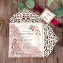 6.3 X 6.3 Inch 50PCS Blank Rose Gold Glitter Laser Cut Wedding Invitations With Envelopes Hollow Rose Pocket With Burgundy Ribbon Belly Band Wedding Invitation Cards For Wedding Invite