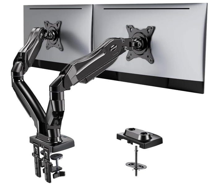 HUANUO Dual Monitor Stand - Full Adjustable Monitor Desk Mount Swivel Vesa Bracket with C Clamp, Grommet Mounting Base for 13 to 32 Inch Computer Screens - Each Arm Holds 4.4 to 19.8lbs
