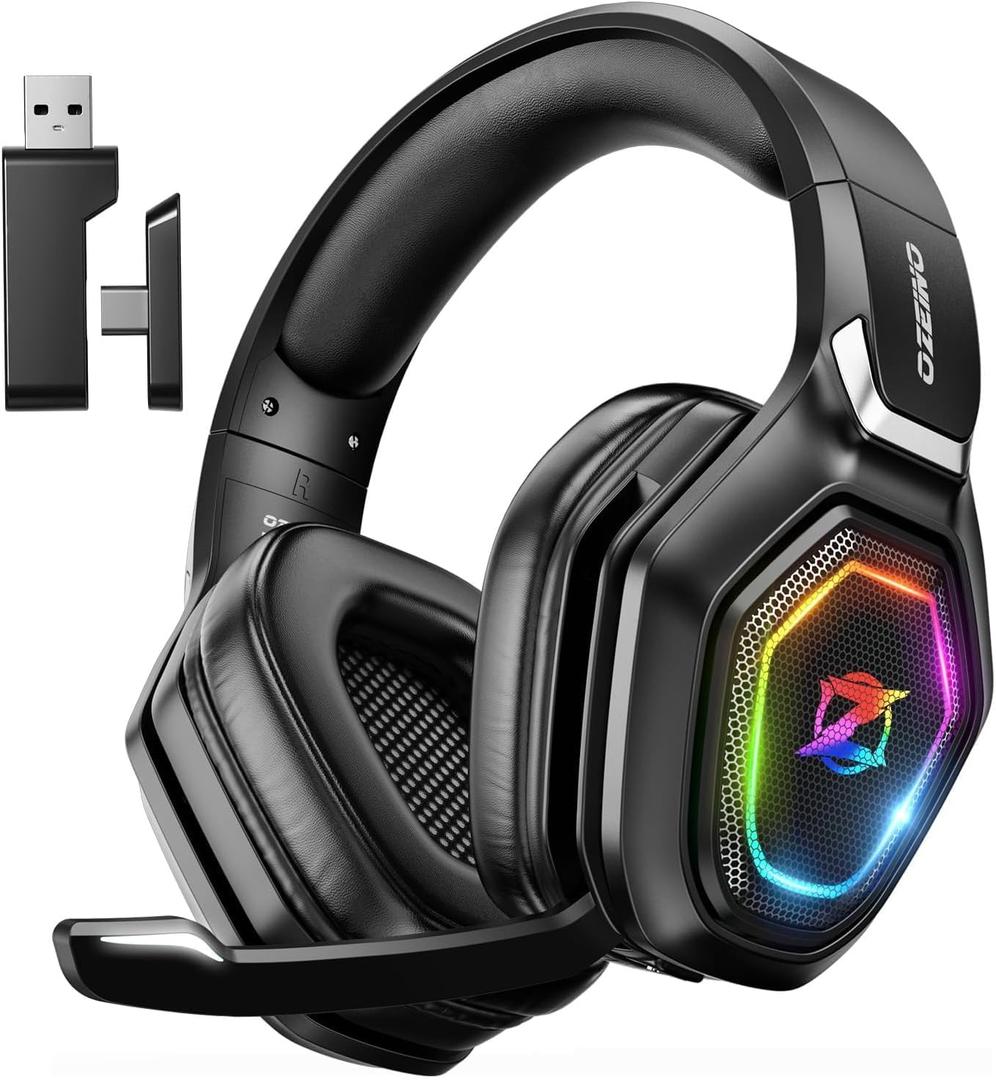 Ozeino Wireless Gaming Headset with Flip Microphone, RGB Lighting Gaming Headphones for PS5, PS4, PC - 2.4GHz USB & Type C Transmitter (Black)