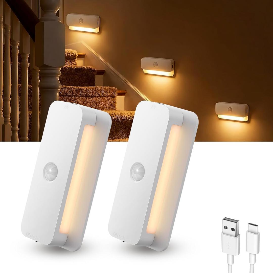 Rechargeable Motion Sensor Night Light 2-Pack,Stair Lights Indoor,Wireless Stick on Anywhere Hallway Lamp/Closet for Bathroom, Bedroom, Kitchen, Cabinet, Stairs, Hallway