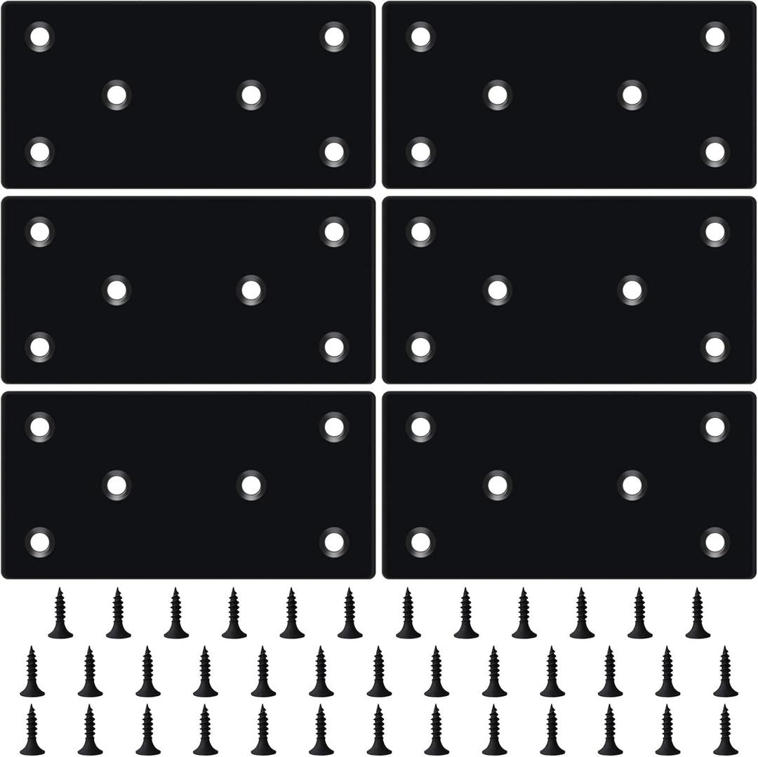 6PCS 3.11 x 1.57 inch Black Flat Mending Plate, Metal Bracket with Holes, Straight Steel Brace Fixing Joining Plate for Wood with 36PCS Screws