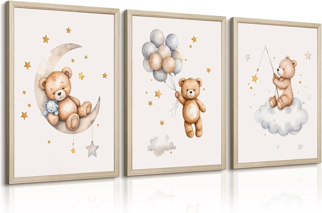 Teddy Bear Nursery Wall Art Decor Baby Boy Girl Room Poster Vintage Nursery Canvas Wall Decor Toddler Kids Room Pictures Cute Bear Neutral Artwork for Bedroom Playroom 12x16 Framed Set of 3