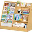 Lerliuo 4 Tier Kids Bookshelf and Storage Organizer, Five Layer Sling Children Bookcase, Baby Toddler Wooden Book Shelf, Display Cabinet for Playroom, Bedroom, Classroom, Nursery, School (Natural)