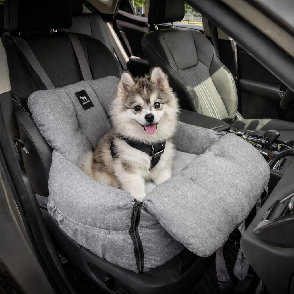 JACKO & CO Premium Dog Car Seat Safe & Cozy Travel Bed Carrier for Small Dogs, Puppies, Pets, Clip-On Leash, Storage Pockets, Water-Resistant, Machine Wash (Grey, Removable - Medium (1-25lbs))
