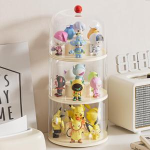 Rotating Display Case - 360° Clear Acrylic Display Case with Cover Lid,3 Tiers Stackable Figurine Display Shelf,Display Blind Box for Collectibles,Doll,Figures