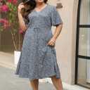 Keluummi Plus Size Summer Midi Dresses for Curvy Women, Casual Boho Floral V Neck Dress with Pockets (Blue)