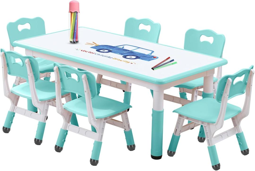 Kids Table and Chairs Set, Height Adjustable Desk With 6 Seats for Ages 2-12,Arts & Crafts Table,Graffiti Desktop, Non-Slip Legs, Max 300lbs, Children Multi-Activity Table for Classrooms,Daycares,Home (Whiteboard)