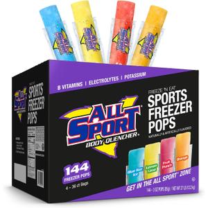 All Sport Freezer Pops, Giant Sized 3oz, 144 CT, Refreshing Ice Pops with Electrolytes, B Vitamins & Potassium Blue Raz Ice, Lemon Lime, Fruit Punch & Orange (EXP 07/16/27)
