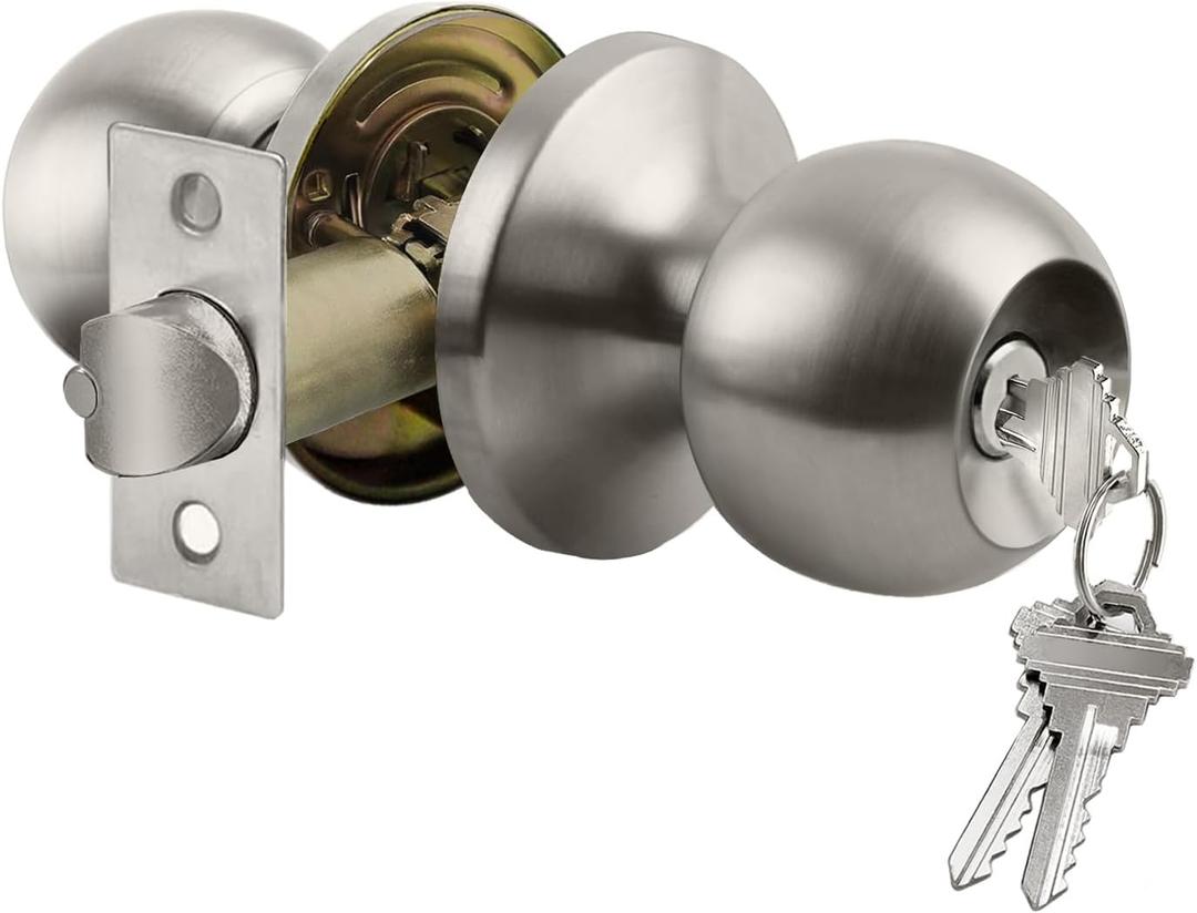 BESTTEN Keyed Entry Door Knob, Entrance Door Lock, Standard Ball, Removable Latch Plate, All Metal, Matte Black