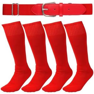 lasuroa Pair of 2 Baseball Socks and Belt Combo, Red Softball Football Soccer Adjustable Sport Knee High Sock for Unisex Youth 5.9x10.23 in