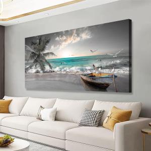 Beach Sea Wave Pictures Canvas Wall Art For Living Room Bedroom Wall Decor,Sea Wave Wall Art Print Paitnings For Home Decor,Morden Artwork Palm Boat Canvas Art Waterproof Ready To Hang-28x57 Inches