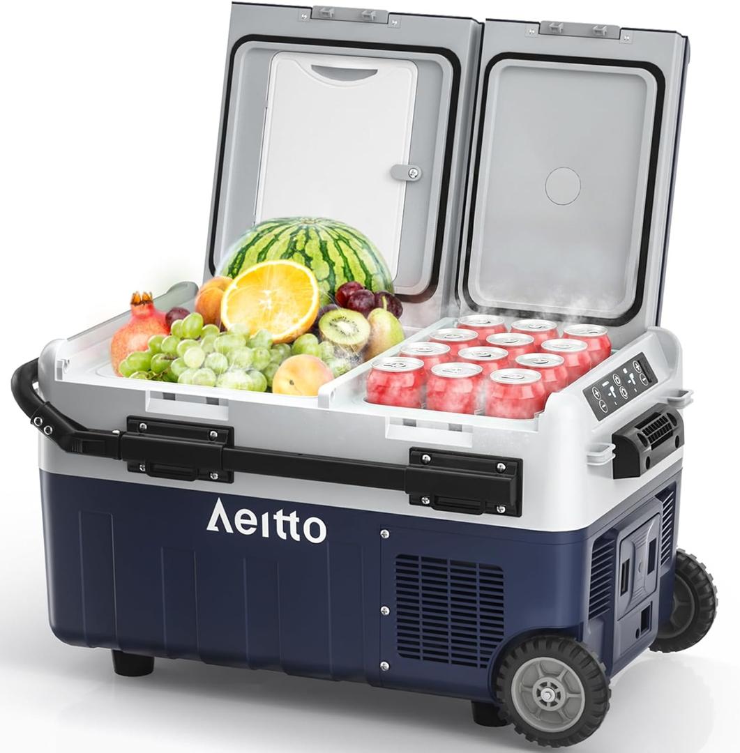 Aeitto 12 Volt Car Refrigerator, 32QT(30L) Dual Zone Portable Car Fridge Freezer -4-68 Electric Cooler Dual Temp Control Cooling Freezing 12/24V DC & 100-240V AC for Travel, Camping, RV, Road, Home