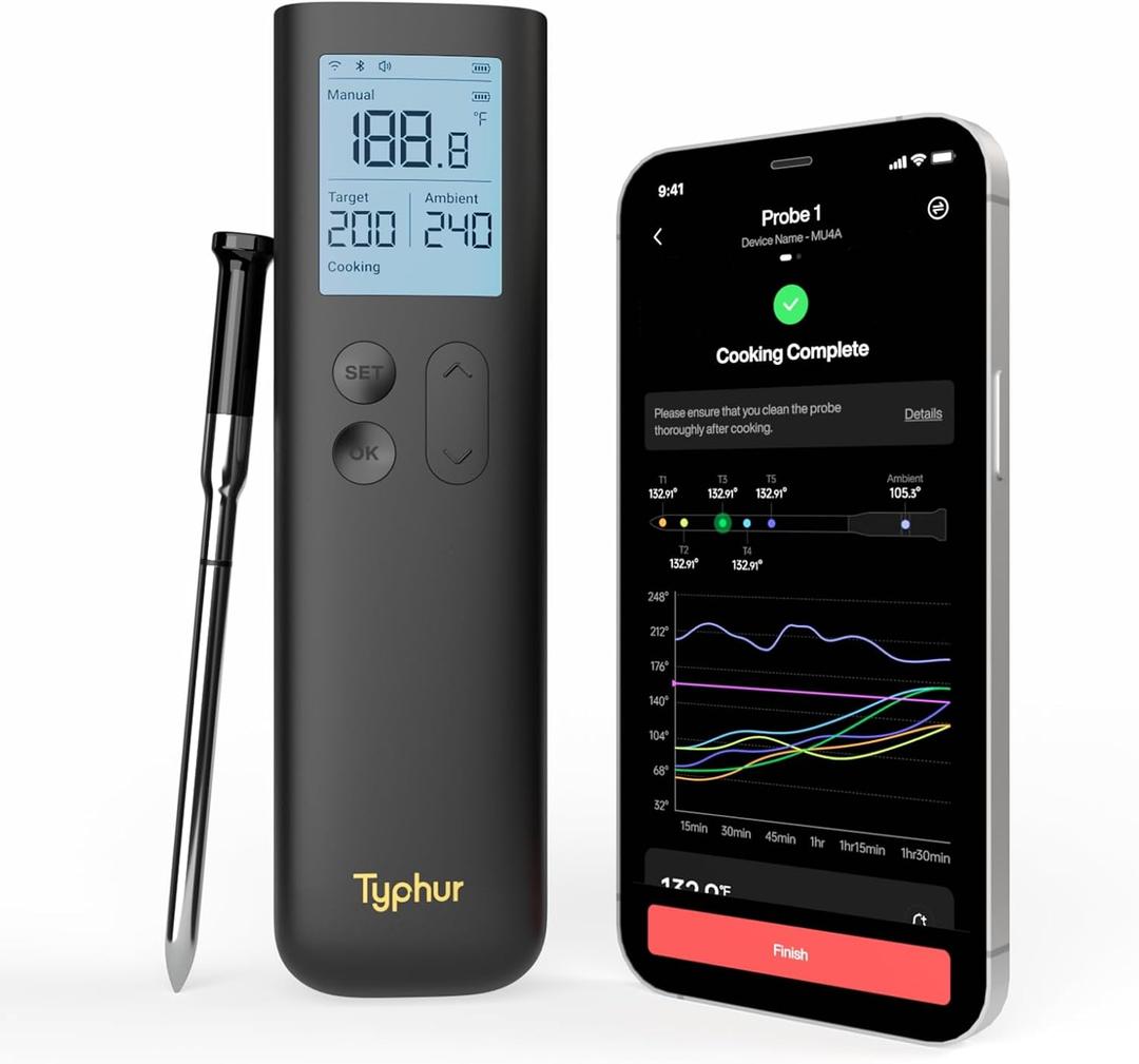 Typhur Sync Wireless Bluetooth Smart Meat Thermometer | Standalone Base and Control | Unlimited Range | Enhanced 10X Signal for Improved Stability | NIST Certified Accuracy | BBQ Oven Smoker Grill (Black)