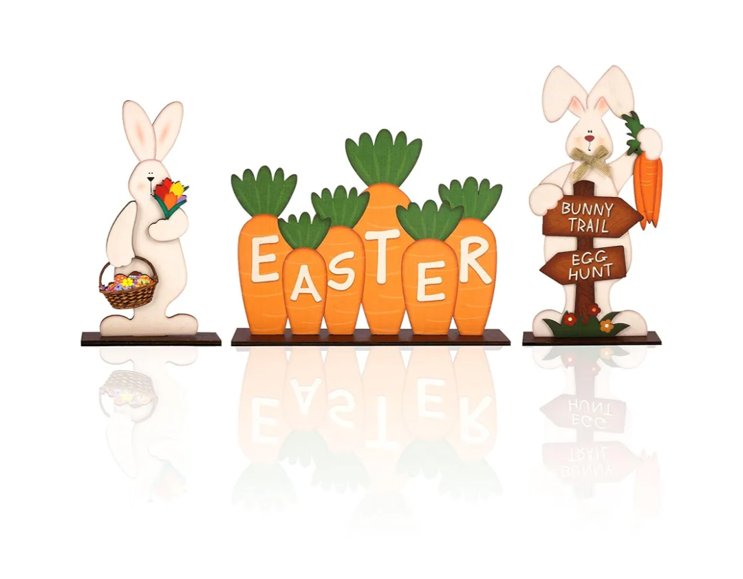 3Pcs Easter Wooden Table Sign Easter Bunny Decorations for Home Egg Hunt Tabletop Centerpiece Easter Eggs Carrot Rustic Farmhouse Decor