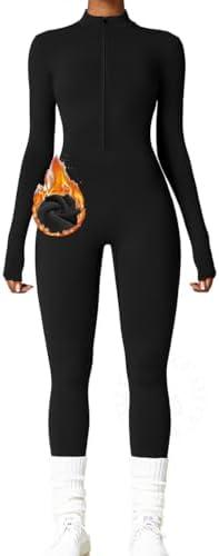 AEEZO Womens Long Sleeve Workout Jumpsuit Zip Up Yoga Rompers Sexy Tummy Control One Piece Bodycon Bottom Pants, Black, Size M