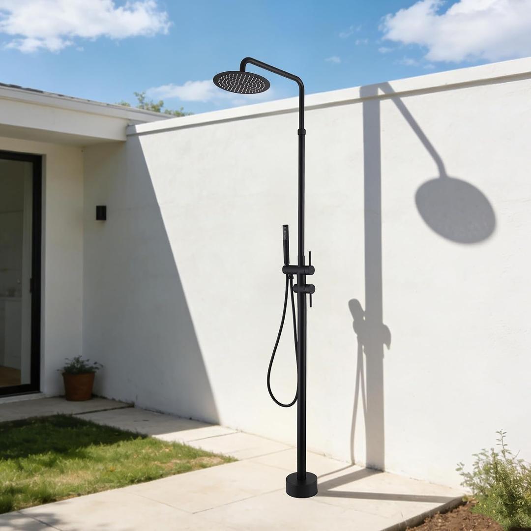 RBROHANT Freestanding Outdoor Shower with Hose Hookup, Height Adjustable Free Standing Outdoor Showers for Backyard Poolside,Hot and Cold or Cold Only, Floor Mounted, Matte Black, JK0466