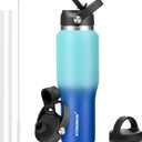 HYDROWION 32oz Water Bottle, Double Wall Vacuum Stainless Steel Insulated Water Flask with Straw Lid, Spout Lid and Flex Cap(Cold for 48 Hrs, Hot for 24 Hrs), Leakproof Travel Thermo Mug, Mint&Cobalt