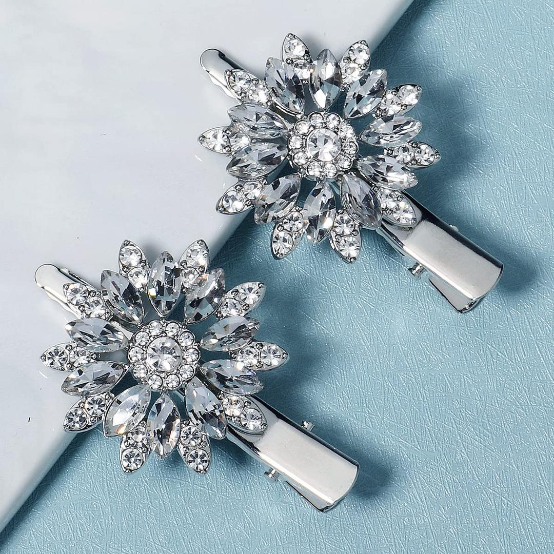Missgrace Dainty Sparkling Crystal Flower Hair Clips for Wedding Prom Party Bridal Rhinestone Duckbill Clip Hair Accessories for Women 2Pcs (24.2g)