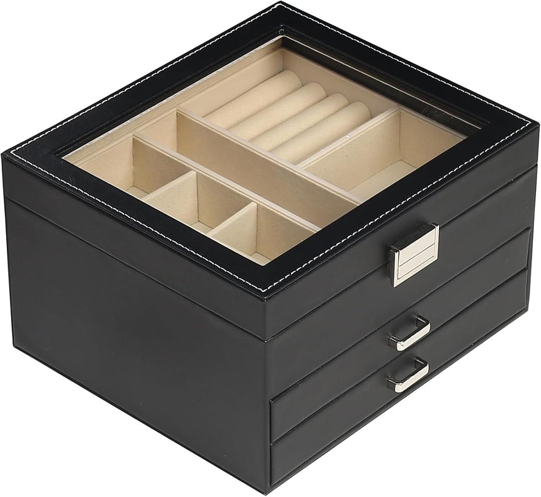 BOOVO Clear Lid Jewelry Box,3 Layers Jewelry Organizer Large Multi-Functional Jewelry Storage Box with 2 Drawers, Jewelry Display Case of Rings Earrings Necklace Bracelets for Women Girls (Black)
