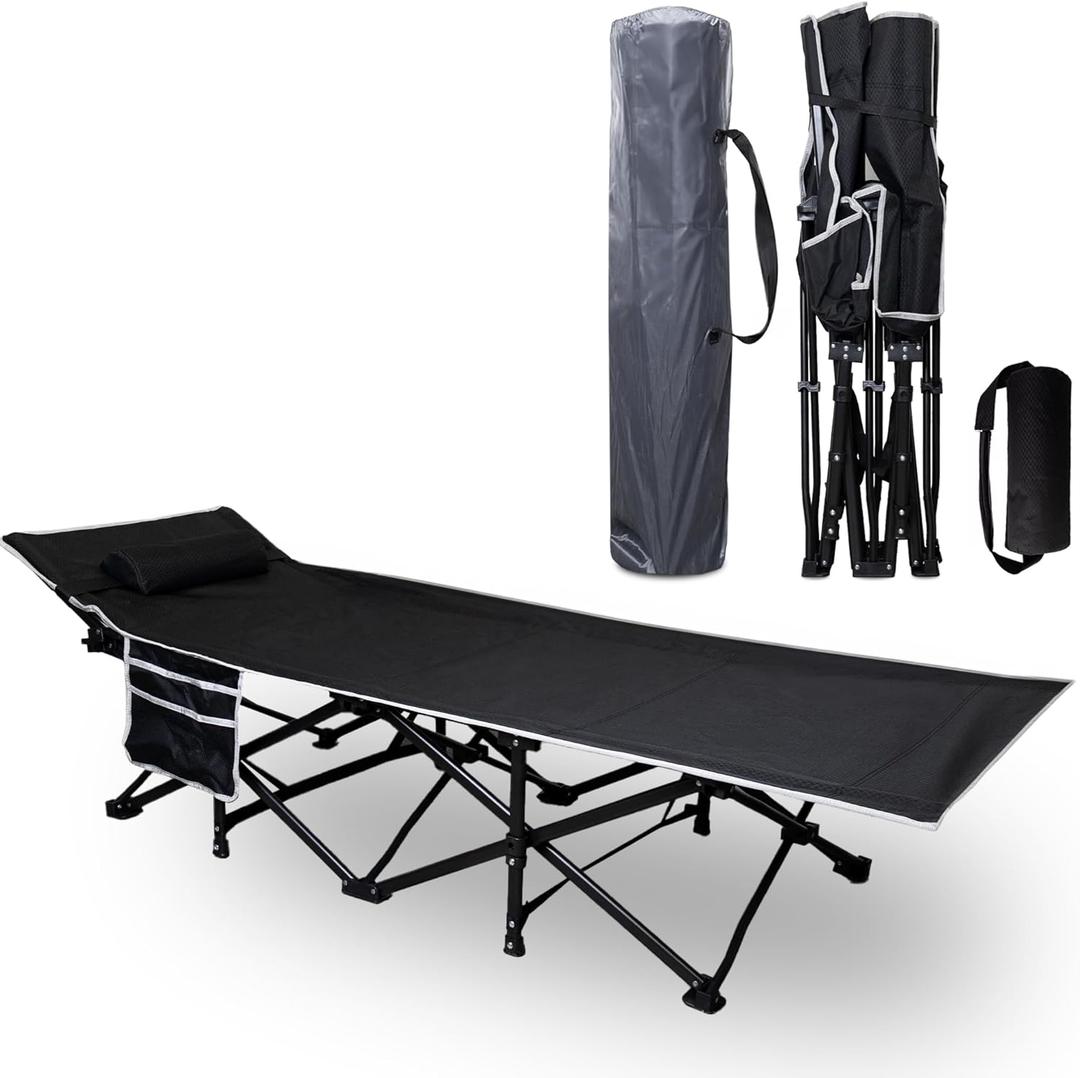 72 HRS Portable Folding Camping Cot - Camping Cot w/Carrying Bag and Headrest | Camping Bed, Cots for Sleeping, Cot Bed, Camping Cots for Adults,Outdoor Bed, Camp Cot, Portable Bed for Adults (Black)
