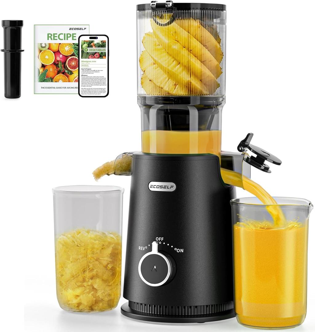 ECOSELF Cold Press Juicer - Large Mouth Hopper For Whole Fruits & Vegetables - Juicer Machines with Hands-Free Design - Slow Masticating Juicers High Juice Yield With Pusher - For Party Gathering