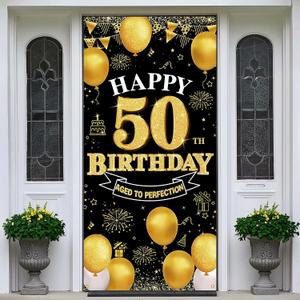 Happy 50th Birthday Decorations for Men & Women, Black Gold 50 Birthday Banner Backdrop, 50 Years Old Party Decor, Fabric Door Decor Yard Sign Photo Booth, Indoor Outdoor Supplies