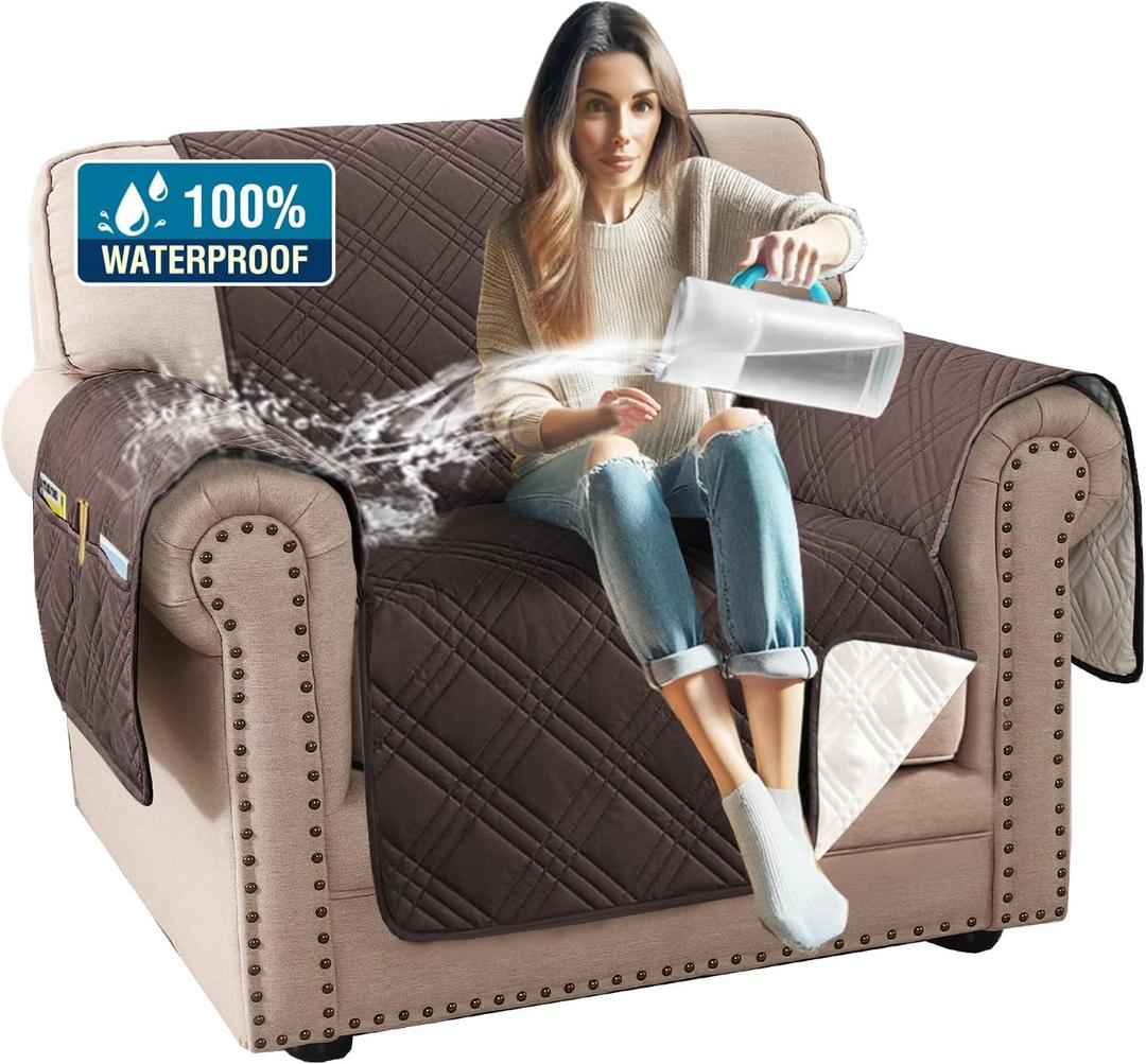 H.VERSAILTEX 100% Waterproof Arm Chair Covers Modern Sofa Chair Covers for Pets Stay in Place Furniture Protector with Elastic Straps(Chair, Chocolate/Beige)