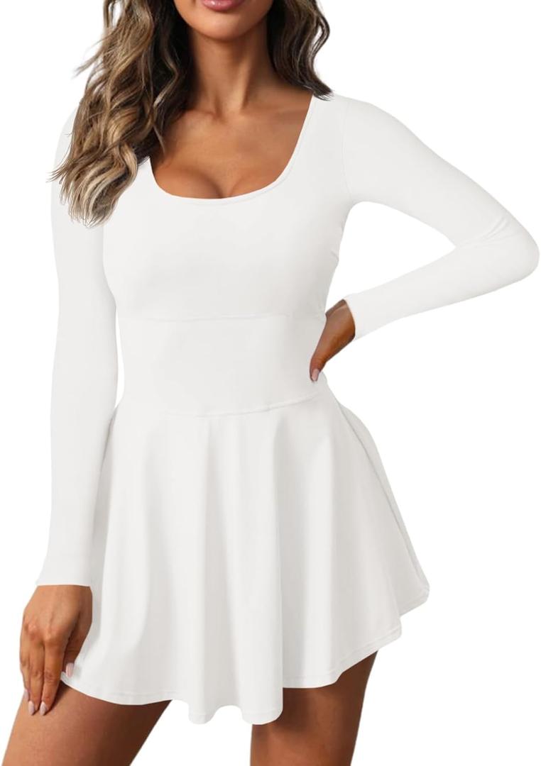 Fisoew Womens 2-in-1 Athletic Tennis Golf Dress Long Sleeve Underneath Workout Active Dresses with Built-in Shorts (Large, White)