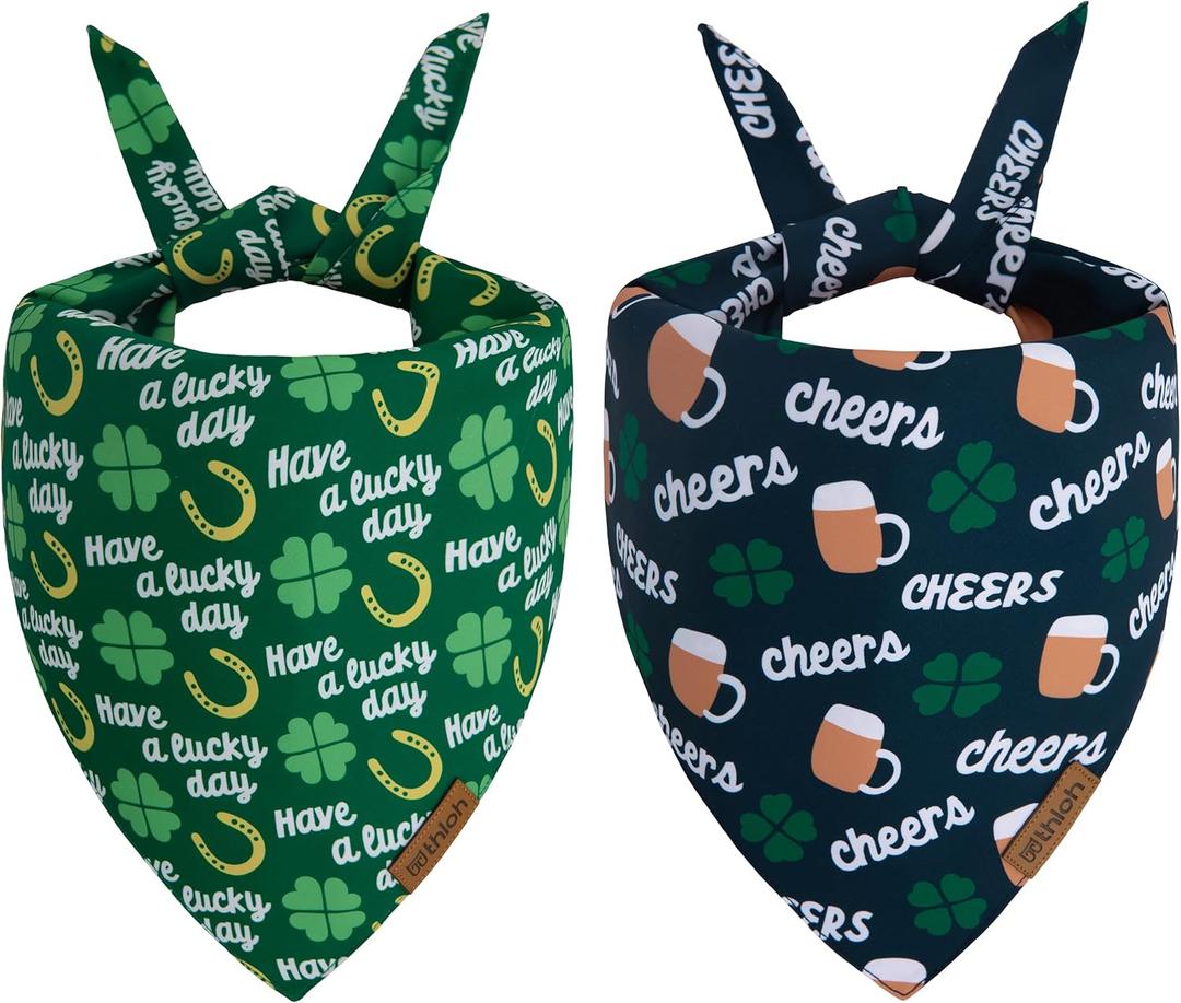 St. Patrick's Day Dog Bandana - 2 Pack Triangle Shamrock Dog Bandanas, Reversible Lucky Pet Scarf for Boys & Girls, Premium Durable Fabric, Holiday Bandana for Large & Extra Large Dogs (X-Large)