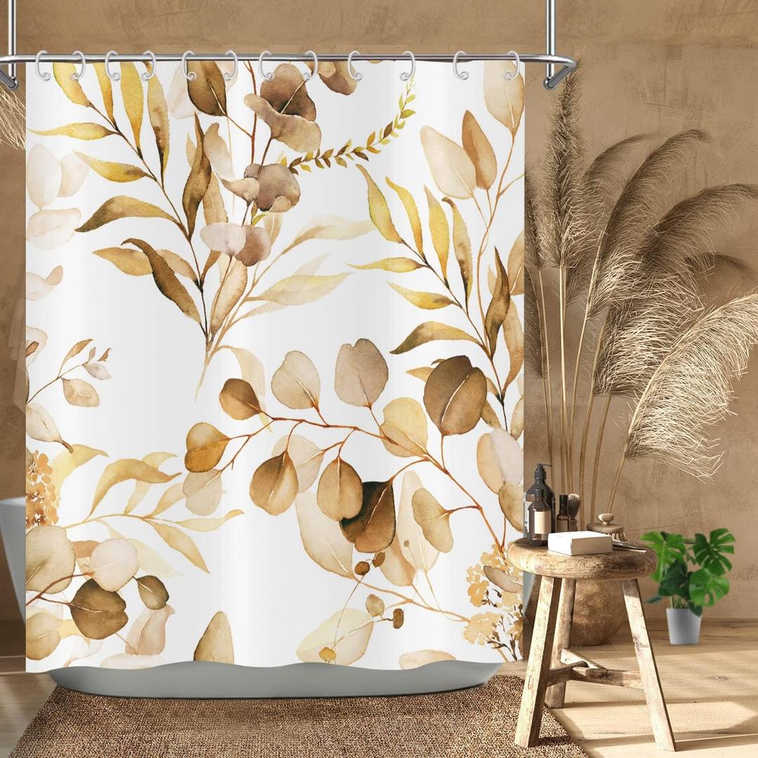 Brown Eucalyptus Leaf Shower Curtain, Brown Botanical Watercolor Plants Bathroom Curtain Bathtub Home Decor Waterproof Fabric Machine Washable with 12 PCS Hooks,72" Wx72 L