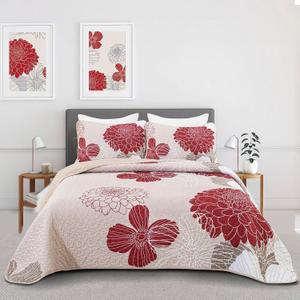 Red Floral Quilt Set King Size - 3 Piece Red Flower Pattern Bedspreads, Reversible Lightweight Microfiber Burgundy Quilts Bedding Set with 2 Pillowcases, All Season Quilted Coverlet Set (104''x90'')