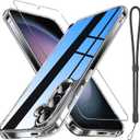 Janmitta Compatible with Samsung Galaxy S24/S25 Case with Screen Protector Tempered Glass,Slim Fit Thin Transparent Rugged Tough Hard Cover with Wrist Strap Lanyard,2025 Crystal Clear