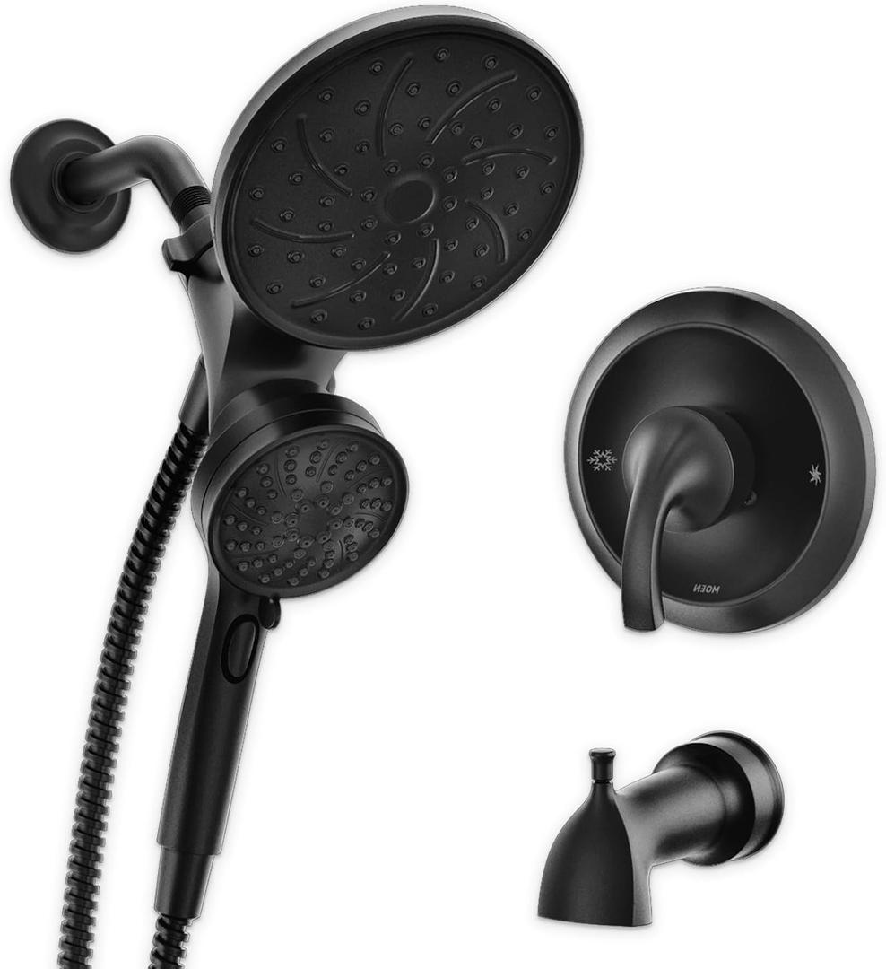 Moen Engage Magnetix Matte Black Multi-Function Handshower and Rainfall Shower Head Trim Combo with Shower Handle, Tub Spout, Metal Hose, and Valve, 82304BL