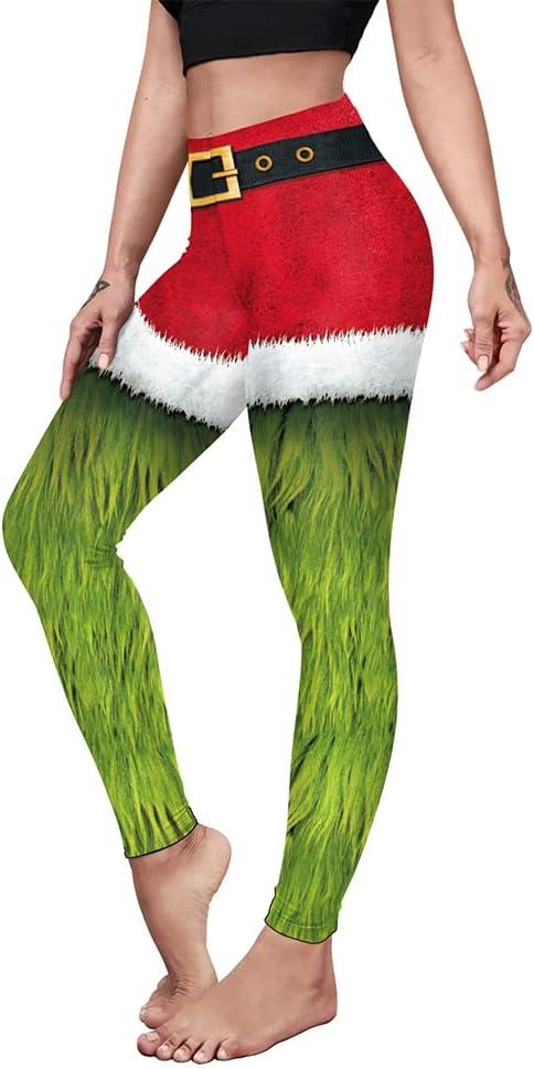 color cosplayer Christmas Leggings for Women High Waist Printed Yoga Pants Holiday Tights Costume Plus Size (Large, Santa Green)