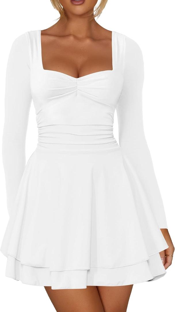 Kaximil Women's Long Sleeve Square Neck Mini Dress Ruched Ruffle Corset A Line Party Short Dresses (White, Small)