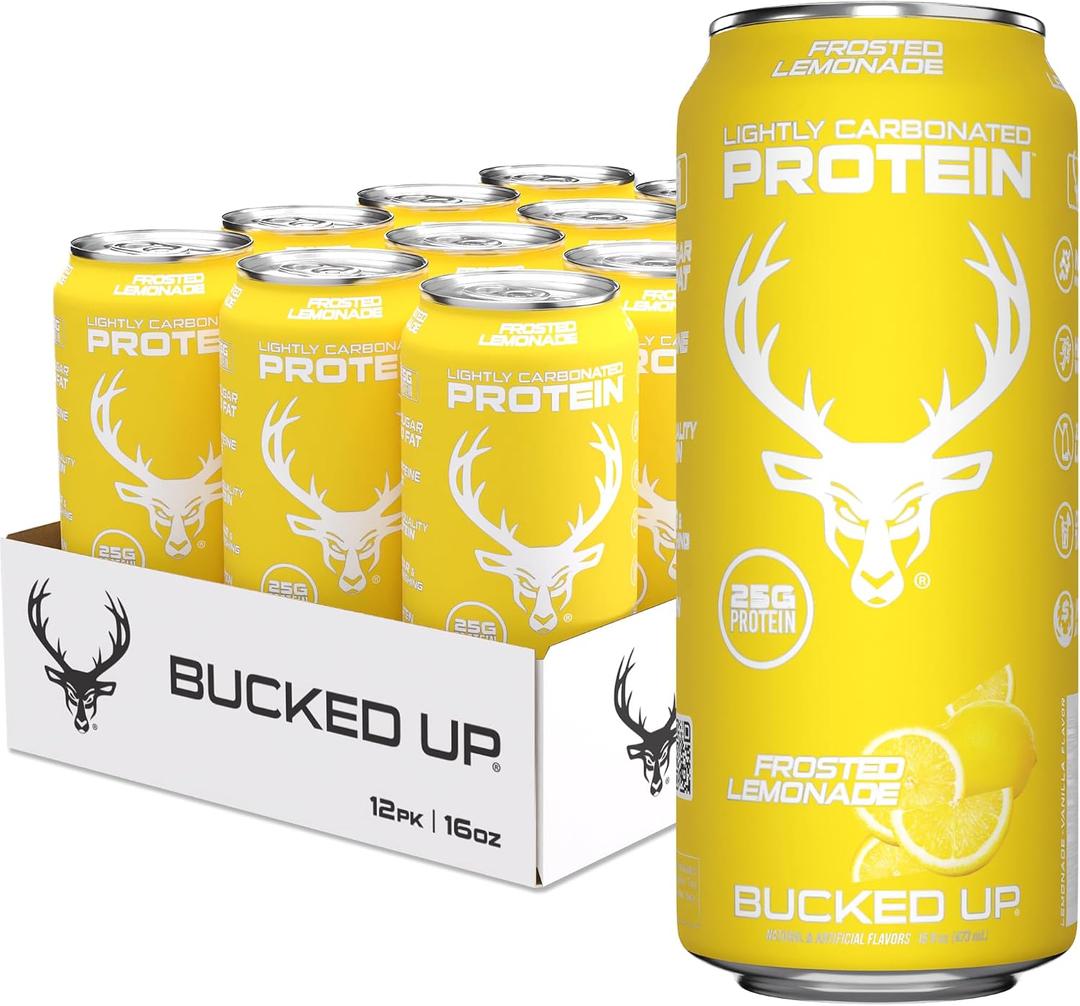 Bucked Up Lightly Carbonated Protein Soda | 25g Whey Isolate - Zero Sugar, Low Calorie, Caffeine Free, Clean Drink | Sparkling Protein Soda - 12 Pack, 16 oz Cans (Frosted Lemonade) BBD: 12-2027