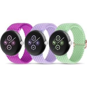 BlackPro Nylon Bands Compatible with Google Pixel Watch Bands/Google Pixel Watch 2/Pixel Watch 4/3 41mm Band for Women Men, Adjustable Stretchy Braided Straps with Upgraded Connector for Pixel Watch Bands (A#Pistachio+Lavender Purple+Pitaya)