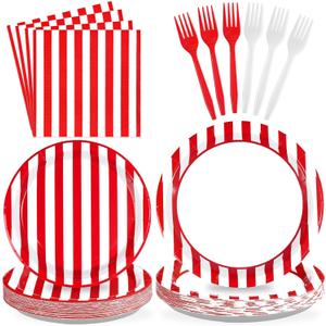 96Pcs Red and White Striped Party Supplies Red and White Striped Paper Plates and Napkins New Year Tableware Set Circus Theme Party Decorations for New Years Eve Carnival Birthday Picnic BBQ Serves 24