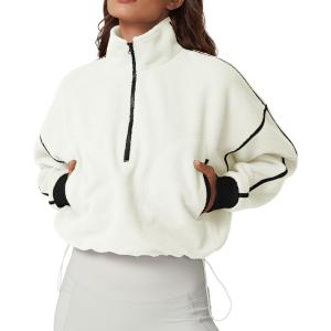 QINSEN Women's Half Zip Fleece Short Pullover Sweatshirt Winter Long Sleeve Cozy Sherpa Sweater Top (White, L)